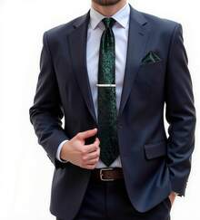 Silk Floral Necktie Set With Tie Clip, Handkerchief & Cufflinks - Black Green Floral - View 5