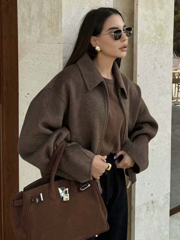 MUMRAP Casual Solid Zipper Turndown Collar Jacket Women's Vintage Loose Long Sleeve Coat