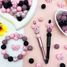 25/28/64pcs Wavy Dot Bow Silicone Bead Set - Perfect For DIY Keychain, Bracelet And Pen Accessories | Multiple Colors And Patterns, Keychain Accessories | Smooth Surface Beads - Beads & Bead Combinations - Bow Series - View 3