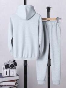 2 件套 Tween Boy 休闲字母印花羊毛连帽衫和裤子，深混色