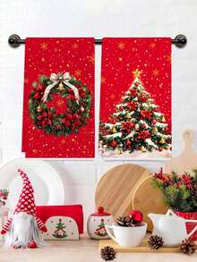 4Pcs 40*60cm/15.74*23.63inch Christmas Wreath Gold Snowflake Red Background Green Background Cleaning Cloth Dish Towel Santa Claus Christmas Tree Holiday Towel Home Kitchen Absorbent Cloth Holiday Tabletop Decor Fabric Christmas Party Decoration Cleaning Decor, Suitable For Christmas Home Kitchen Hand Towel, Decorative Towel. - Multicolor - View 11