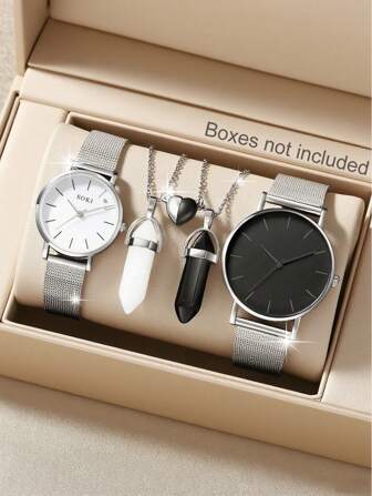 4pcs/Set Couple Watches Couple Fashionable Quartz Watches And Magnetic Couple Heart Shaped Necklaces Suitable For Daily Wear, Back-To-School Season, Graduation Season, Thanksgiving, Couples, The Best Gifts Watch Box Not Included