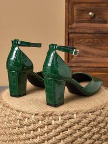 WHDXY 1 Pair Women's Square Toe Basic Solid Buckle Closure High Heel Pumps, Sexy 7CM Chunky Heel Office Lady Dress Shoes - Green - View 6