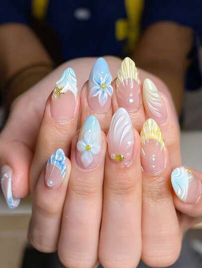 10ชิ้น สติกเกอร์ติดเล็บ French Manicure, ลายอัลมอนด์สีน้ำเงินไล่ระดับ 3D ลายดอกไม้, ดีไซน์คลื่นน้ำ, ประดับมุกและพลอยเทียม, สไตล์โอเชี่ยน, ผิวเรียบ, เล็บปลอมแบบเต็มเล็บ, เหมาะสำหรับผู้หญิงและเด็กผู้หญิงสำหรับใช้ในชีวิตประจำวัน