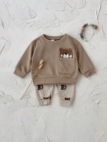 2 件套婴幼儿男女休闲熊刺绣长袖运动衫和熊印花长裤套装，春秋 - 杏色 - 查看 7