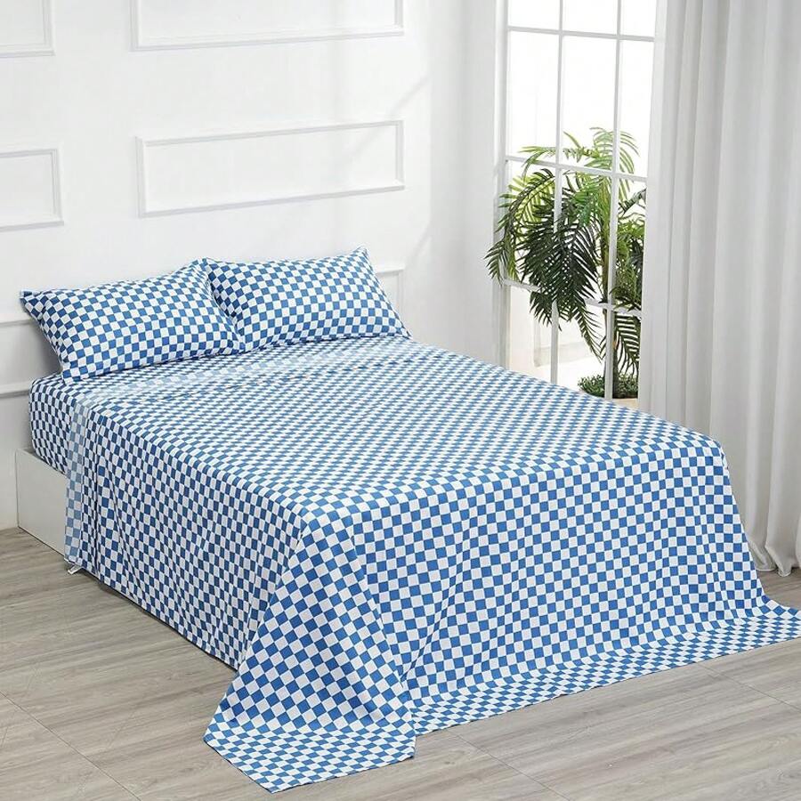 Best Season 4 Piece Bed Sheet Set - Full Size - Soft Microfiber Bedding Sheet Set, Deep Pocket, Stain, Fade & Wrinkle Resistant (Plaid Black & White), Luxury Comfortable - 藍白格子 - 查看 1