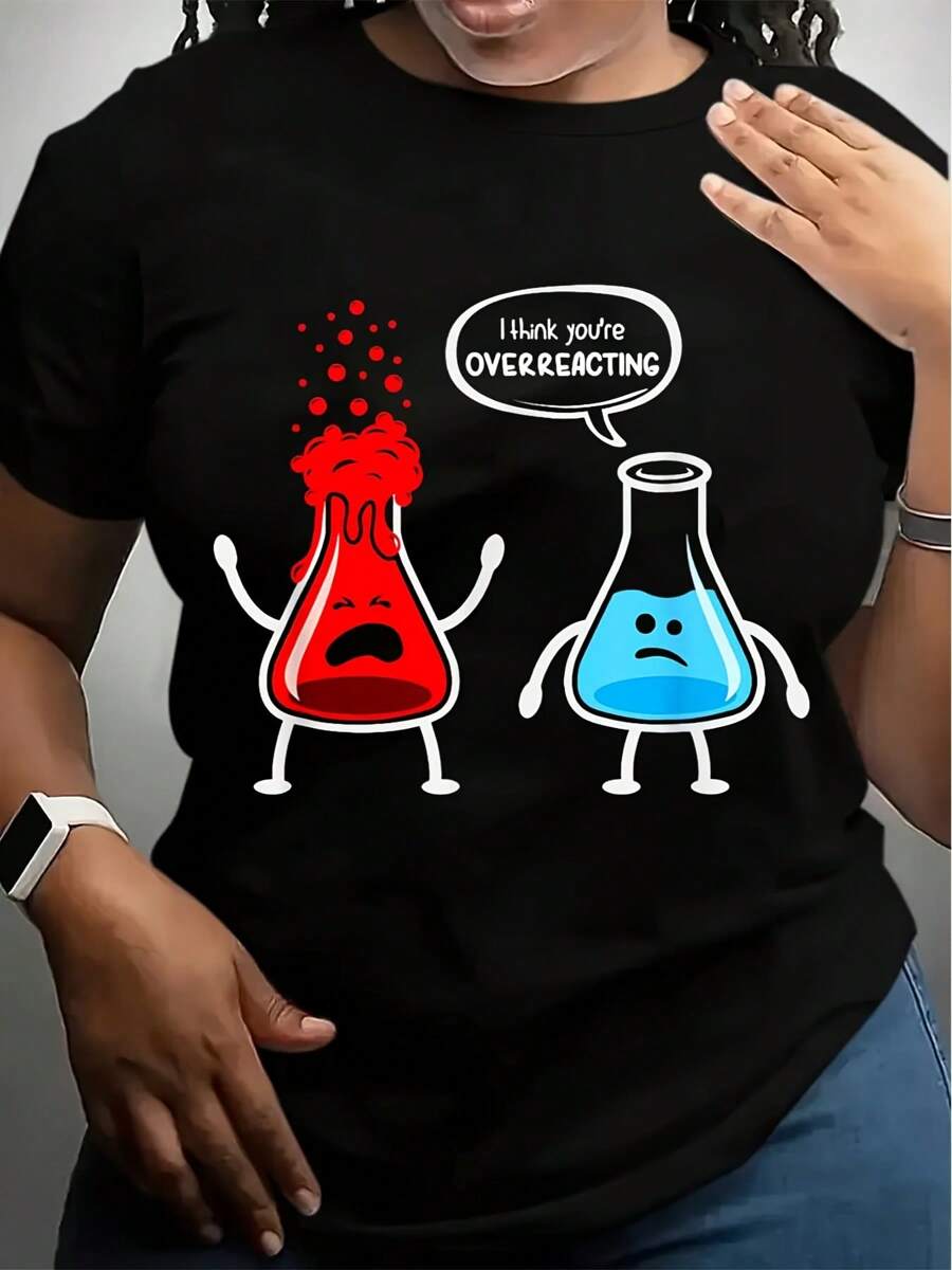 Funny Chemistry Nerd Graphic Tee For Men - Casual Black Polyester T-Shirt With Black Hole Overreacting Design, Crew Neck, Short Sleeves - Machine Washable, All-Season Wear - 黑色 - 查看 1