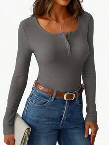 Women's Long Sleeve Tops Henley T Shirts Button Ribbed Slim Fit 2025 Spring Fall Outfits Casual Cute Basic Tee Blouse - Màu xám đen - Xem 3