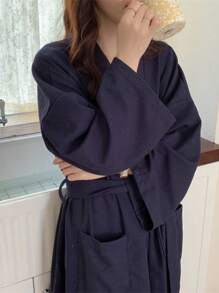 1 szt. Szlafrok nocny z teksturą waflową, swobodny, domowy, w stylu kimona, chłonny szlafrok, odpowiedni dla mężczyzn i kobiet, może służyć jako piżama, wiosna/jesień