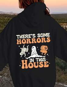 American Retro Street Casual Style Pattern "Beautiful Women's Blouse, Ace, Women's Pattern Shirt, Funny, Christmas Nightmare, Horror, THE'S SOME HORRORS IN THIS HOUSE, Halloween, Bandaged Zombies" One-Sided Printed Loose Women's Hoodie - 黑色 - 查看 1