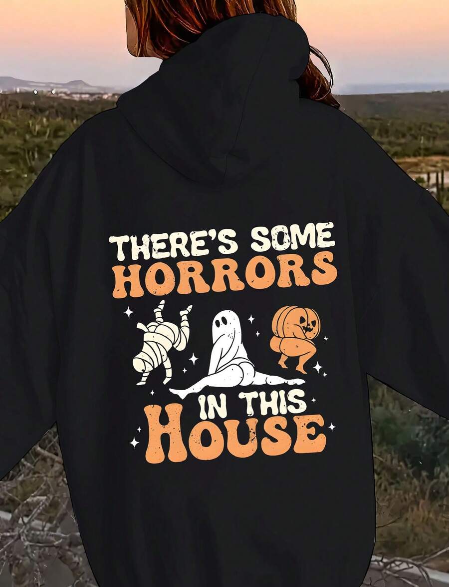American Retro Street Casual Style Pattern "Beautiful Women's Blouse, Ace, Women's Pattern Shirt, Funny, Christmas Nightmare, Horror, THE'S SOME HORRORS IN THIS HOUSE, Halloween, Bandaged Zombies" One-Sided Printed Loose Women's Hoodie - 黑色 - 查看 1