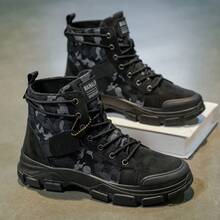 [Rozmiar o połowę większy] Męskie buty robocze z wysoką cholewką w kamuflażu, sznurowane, retro buty outdoorowe, modne, oddychające, antypoślizgowe buty, odpowiednie do podróży na świeżym powietrzu, buty pustynne - Czarne - Zobacz 5