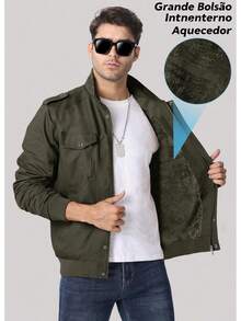 Men's Loose-Fitting Winter Coat With Flap Pockets, Lined With Thick Wool, A Classic And Warm Jacket. - 軍綠色 - 查看 4