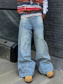 1 件男士宽松做旧砖纹印花牛仔阔腿牛仔裤 - 藍色 - 查看 5