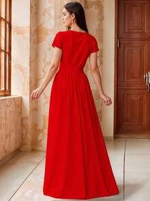 Vestido Largo de Cuello Redondo, Entallado de Manga Corta y Silueta Evasé Elegante para Mujer - Rojo - Ver 2