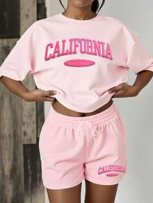 HESSEN 2pcs/Set Plus Size Women Casual Fashion Simple Basic Versatile Solid Color Letter Print Graphic Sweatsuit, Round Neck Short Sleeve T-Shirt With Drawstring Pocket Shorts Two Pieces Set, Back To School Outfit, Women Teachers Uniform, Jogging Suit, Valentine's Day, New Year Holiday Clothing - Pink - View 1