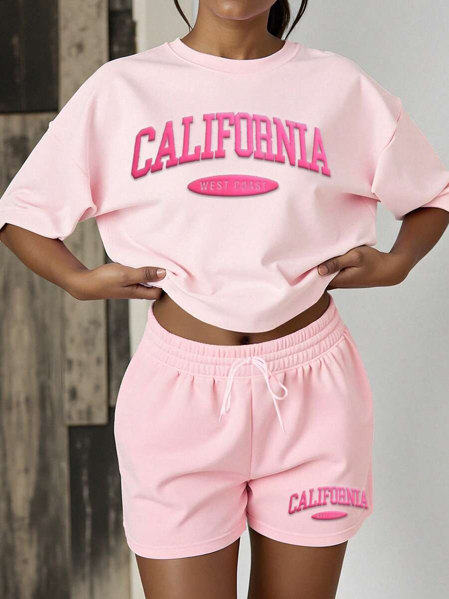 HESSEN 2pcs/Set Plus Size Women Casual Fashion Simple Basic Versatile Solid Color Letter Print Graphic Sweatsuit, Round Neck Short Sleeve T-Shirt With Drawstring Pocket Shorts Two Pieces Set, Back To School Outfit, Women Teachers Uniform, Jogging Suit, Valentine's Day, New Year Holiday Clothing - Pink - View 1