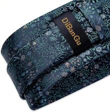 Conjunto de corbata de seda con estampado floral, incluye pinza de corbata, pañuelo y gemelos - Azul marino y verde - View 10