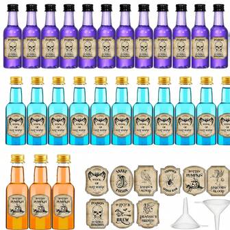 24pcs/12pcs/1pc 0.85oz/1.7oz Mini Plastic Water Bottles Happiness Happy Halloween Mini Wine And Champagne Bottle Label Stickers Witch Party Favor Gift For Women And Men For Wine/Juice/Iced Coffee/Candy Suitable For Halloween Party/Holiday/Outdoor Drink Container