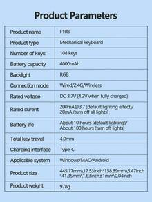 AULA F108 Three-Mode Mechanical Keyboard, Supporting Wired/Wireless Connection, 108 Fully Arranged Layout, Cool RGB Lighting Effect, Compatible With Windows/IOS System, Ergonomic Design, Suitable For Connecting Computers And Notebook Devices.