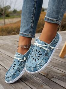 Women's Loafers, Casual Holiday Style, Four Seasons Style, Indoor And Outdoor, Cashew Flower Pattern, Versatile, Light And Comfortable, Round Toe, Elastic Laces, Easy To Put On And Take Off Flat Shoes - 藍色 - 查看 3