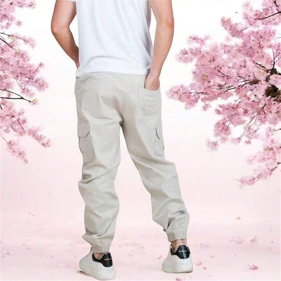 Calça Cargo Jogger Masculina Sarja sarja skate casual - Bege - Visão 1