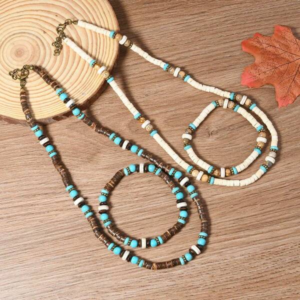 2pcs Vintage Bohemian Turquoise Beaded Wooden Coconut Shell Handmade Woven Multicolor Material Combination Bracelet And Necklace Set. Women's Luxury Jewelry Party, Vacation, Daily Versatile Decorative Necklace And Bracelet Combo Set.