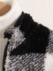 Boys' Casual Plaid Zip-Up Stand Collar Long Sleeve Fleece Jacket, Suitable For Autumn/Winter - Black - View 3