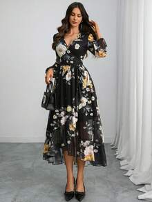 Women's Gothic Romantic Black Floral Chiffon Maxi Dress – V-Neck, Lantern Sleeves, High Waist, Ruffle Hem Elegance