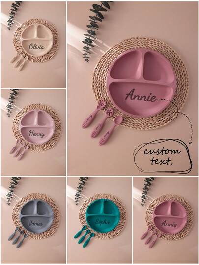 4pcs Kids Silicone Tableware Set, Customizable Name, Suction Cup Soft Plate, Children's Utensils, Feeding Training Spoon & Fork, Kids Plate, Non-Slip 3-Compartment Dish, Suitable For Boys And Girls