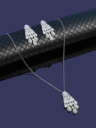 3pcs Fashion Delicate Wedding Zirconia Jewelry Set Chain Necklace Earrings For Women Bride