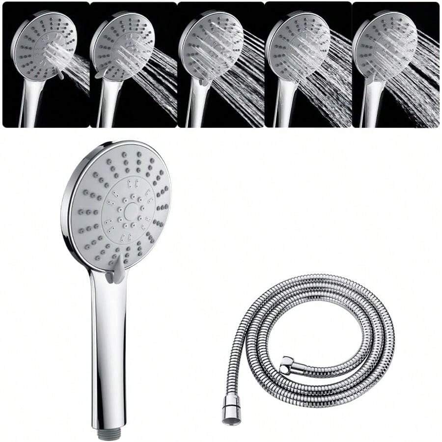 5-Mode Handheld Shower Head Round With 150cm Shower Hose High-Pressure Spray Massage Chrome