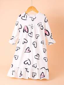 女童爱心图案睡裙，儿童休闲短袖荷叶边下摆家居服连衣裙，女童夏季睡衣，中长款，适合幼儿和小女孩 - 黑與白 - 查看 2