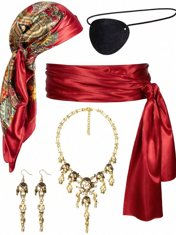 Women's Pirate Costume Pirate Head Scarf Sash Belt Necklace Errings Eye Patch Halloween Cosplay Costume Accessories Set