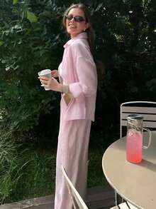 女士纯粉色亚麻休闲宽松口袋两件套，适合日常休闲和通勤穿着 - 粉色 - 查看 4