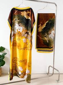 1pc Faux Silk Printed Robe, Shawl & Small Scarf Set, Women Coverup For Beach, Sun Protection, Daily Wear