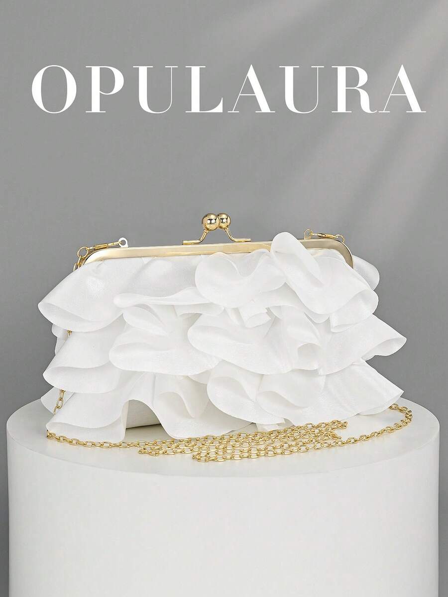 OpulAura 女士优雅迷人花瓣宴会手拿包，褶边设计晚礼服手提包，适合婚礼/度假/正式派对/舞会，配有链式肩带，花瓣形状随机 - 白色 - 查看 1