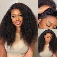 3 In 1 Half Wig | Afro Curly Flexible Fit Half Wig With Drawstring Natural Hairline Beginner Friendly Kinky Curly Glueless Wigs With Drawstring Seamless Put On Go Glueless Wig - Natural Black - 查看 11