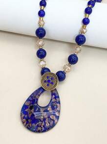 1pc Fashionable Boho Glass Water Drop Pendant Necklace,Vintage, Holiday Gift For Women