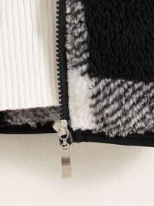 Boys' Casual Plaid Zip-Up Stand Collar Long Sleeve Fleece Jacket, Suitable For Autumn/Winter - Black - View 6