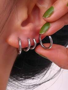 3/6pcs Women's Fashion 18K Gold Plated Stainless Steel Plain Hoop Earrings Set, Simple Design, Waterproof & Fade Resistant, Suitable For Daily Wear - Earrings - View 5