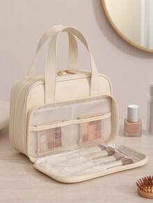 1pc Portable PU Leather Makeup Bag, Large Capacity Professional Cosmetic Organizer Pouch With Zipper, Brush & Pencil Holders, Waterproof Material, Multi-Compartment Design, Easy To Clean, Multifunctional Travel Toiletry Bag, Suitable As Birthday, Mother's Day, Christmas Gift, Beach Bag, Back To School Toiletry Bag - Multicolor - View 4