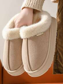 女士休闲毛绒一脚蹬拖鞋，温暖的室内家居面包鞋，情侣百搭纯色布艺拖鞋，适合室内外，四季皆宜，秋冬 - 米色 - 查看 4