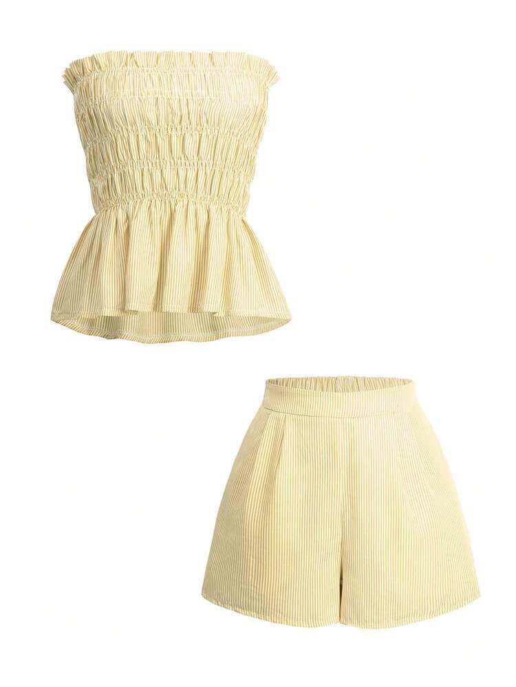 Ensemble 2 pièces d'été hawaïen bohème pour femmes - Top tube décontracté à volants rayés et shorts, parfait pour les rendez-vous, le thé de l'après-midi, les vacances, les festivals de musique et la Saint-Valentin - Jaune citron - Voir 3