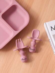 2PCS Personalized Customization Name Baby Silicone Spoon Fork Solid Color Kids Utensils Feeding Training Stuff Soft Print On Demand Baby Tableware - Multicolor - View 8