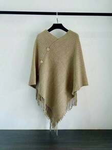 1pc Women Solid Color Button Tassel Knitted Poncho Shawl, Fashionable Casual Warm Wear For Vacation And Daily Use
