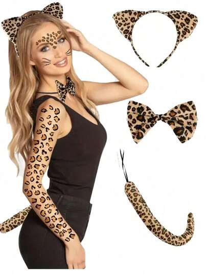 3pcs/Set Popular Cute Cheetah Costume Accessories - Cat Ear Headband, Tail, Bow Tie Set, Suitable For Carnival, Parties, Balls And Other Costume Props