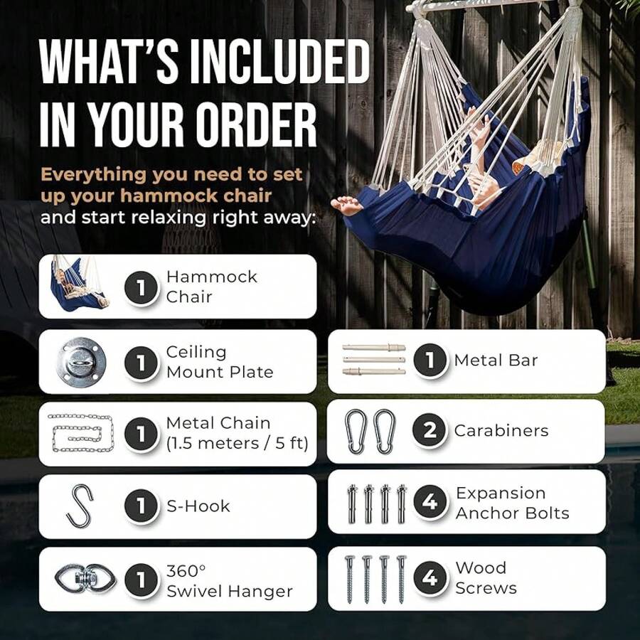 Hanging Hammock Chair Swing – Hanging Chair Outdoor & Indoor - Hammock Swing Chair – Quick & Easy Setup With Hardware Kit – Durable & Spacious Full Body Support – Holds 440 Lbs - 海軍 - 查看 1