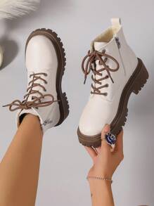 2025 Autumn/Winter New Women's Shoes, Warm Women's Boots, Fashion Versatile Casual Women's Shoes, Leather Ankle Boots, Flat Short Boots, Lace-Up Side Zipper Women's Boots, Classic Boots, Ladies' Shoes