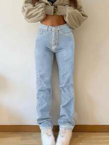 Quần jeans nữ màu trơn, kiểu dáng thường ngày, thích hợp cho đi làm, ở nhà, tụ họp, mua sắm, phong cách đường phố mới, phù hợp mọi mùa. - Rửa nhẹ - Xem 3